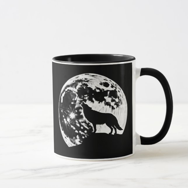 Taza Wolf Howling Silhouetti contra una luna llena (Derecha)