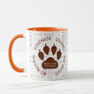 Taza Woof Art and Dog Paw in Brown Custom Name