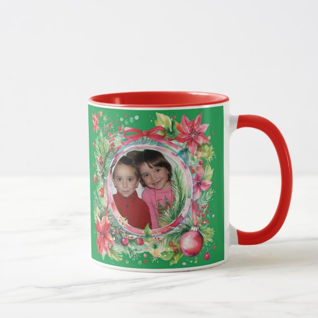 Taza Wreath de Navidades de foto y mensajes (Derecha)