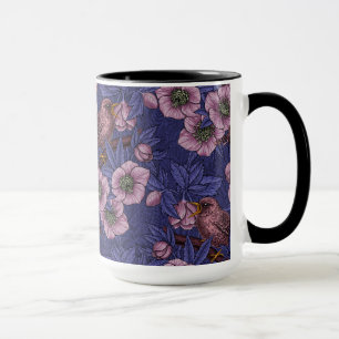Taza Wren y hellebore, violeta y rosa