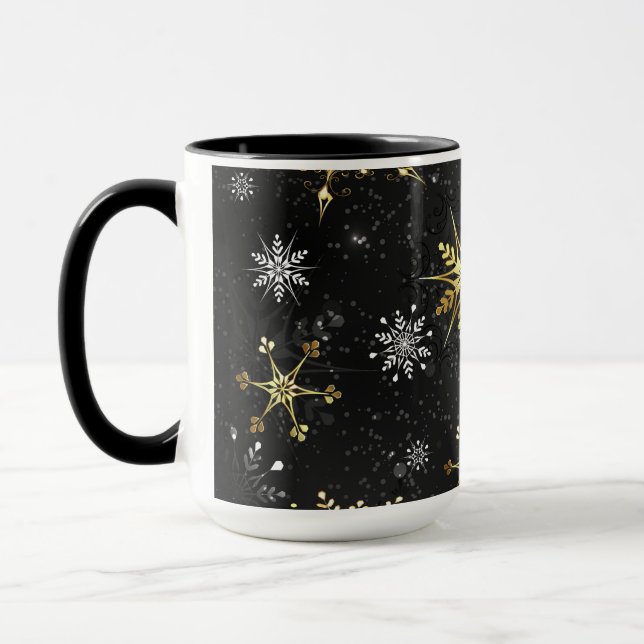 Taza Xmas copos de nieve dorados sobre fondo negro (Izquierda)
