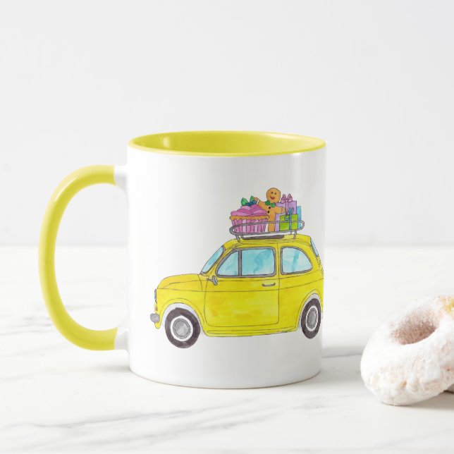 Taza Yellow Retro Fiat 500 Navidades Regalos (Con donut)