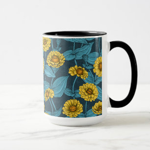 Taza Zinnias amarillas en azul oscuro