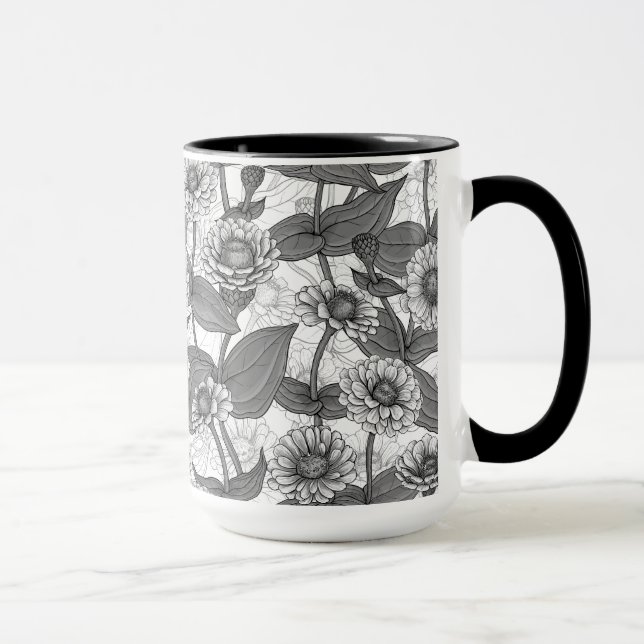 Taza Zinnias, monocromo en blanco (Derecha)