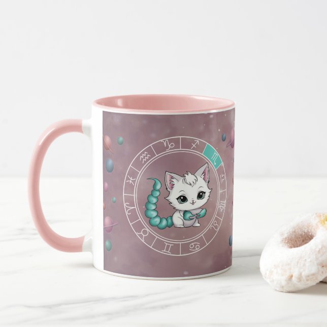 Taza Zodiac Scorpio Cute Cat Wheel Planeta Astrología (Con donut)