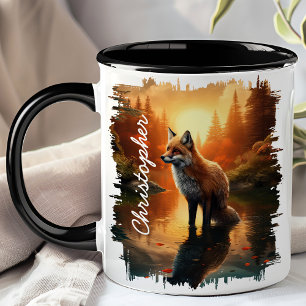 Taza Zorro en la reflexión del bosque al atardecer