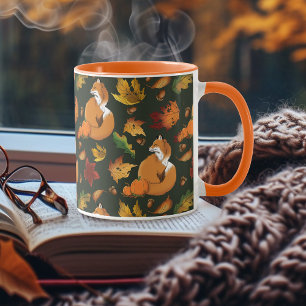 Taza Zorro Rojo Hojas de Otoño Bellotas Patrón Verde