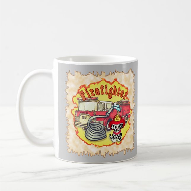 Tazas de bomberos con camión de bomberos y perro c (Izquierda)
