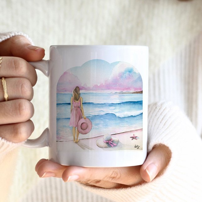 tazas de café de playa - Regalos El día de San Val (beach coffee mugs watercolor shoreline art scene with woman in pink by Victoria Grigaliunas)