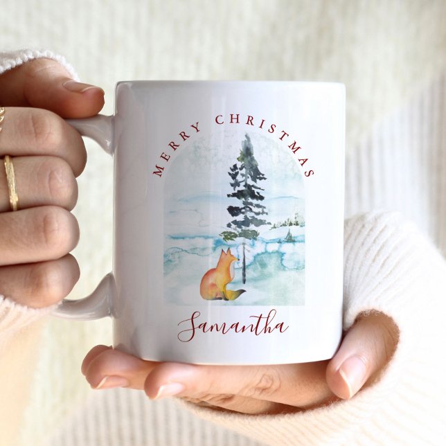 Tazas de café navideñas de invierno lindas (Christmas coffee mugs feature a watercolor winter scene with fox. Personalized with your name)
