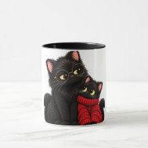 Tazas de gatos negros en suéter rojo - Mamá y hija