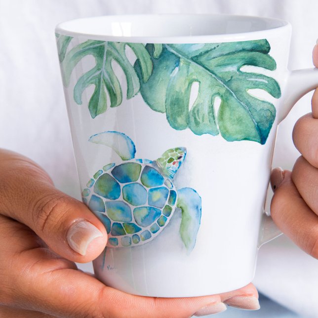 Tazas de Playa Tortuga Marina Acuarela Azul Turque (latte mugs sea turtle beach coffee mug art by Victoria Grigaliunas)