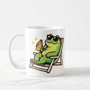 Tazas y tazas con una rana en la playa