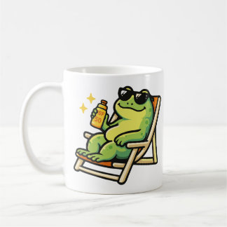 Tazas y tazas con una rana en la playa