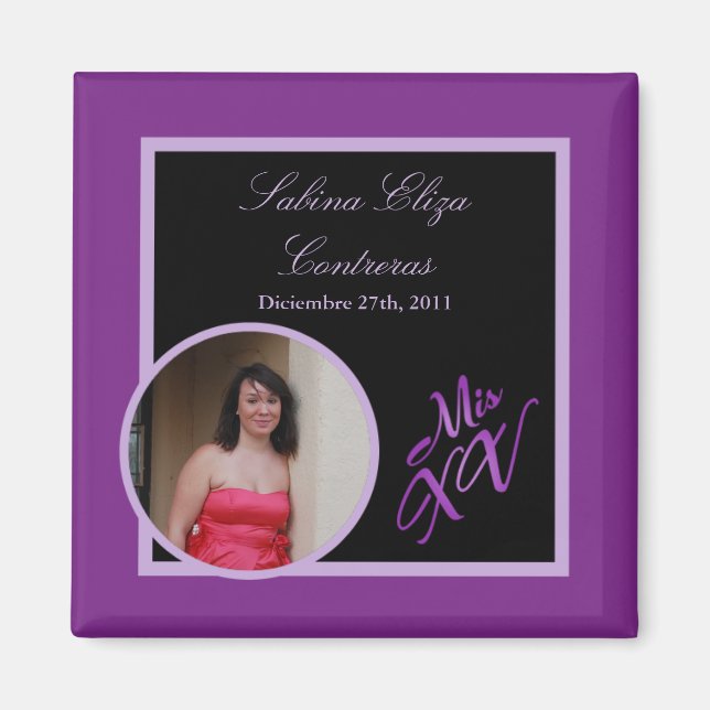 {TBA} 2"x2" Mi XV Imán de Invitación púrpura (Frente)