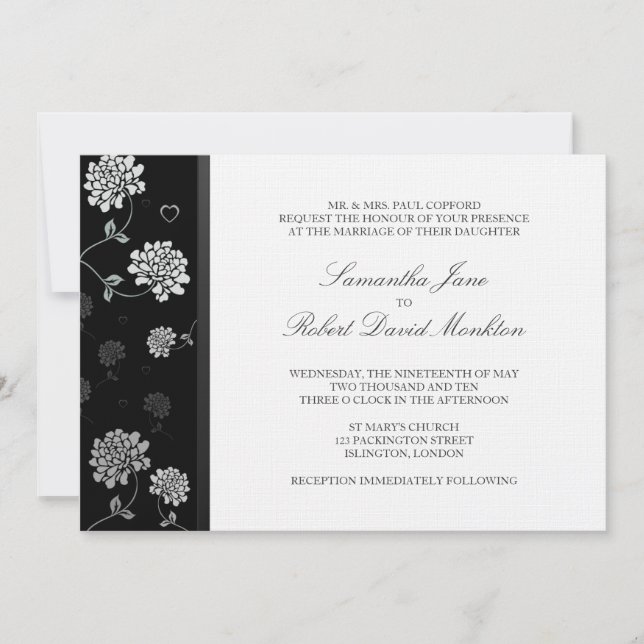 TBA: Invitaciones a la boda floral en blanco y neg (Anverso)