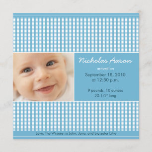 {TBA} Precioso Gingham (azul) Anuncio de Nacimient