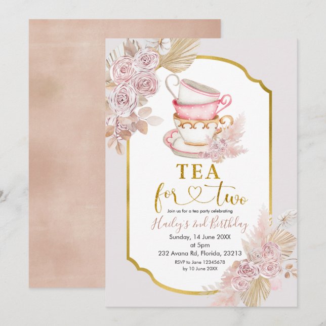 Té Boho por dos invitaciones de cumpleaños (Anverso / Reverso)