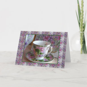 Té Cup y Violet Bouquet Tea Acogedora Tarjeta de S