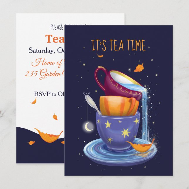 Té cups caen Invitación a una fiesta de té caprich (Anverso / Reverso)