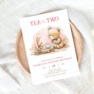 Té de conejo y oso para dos invitaciones de fiesta