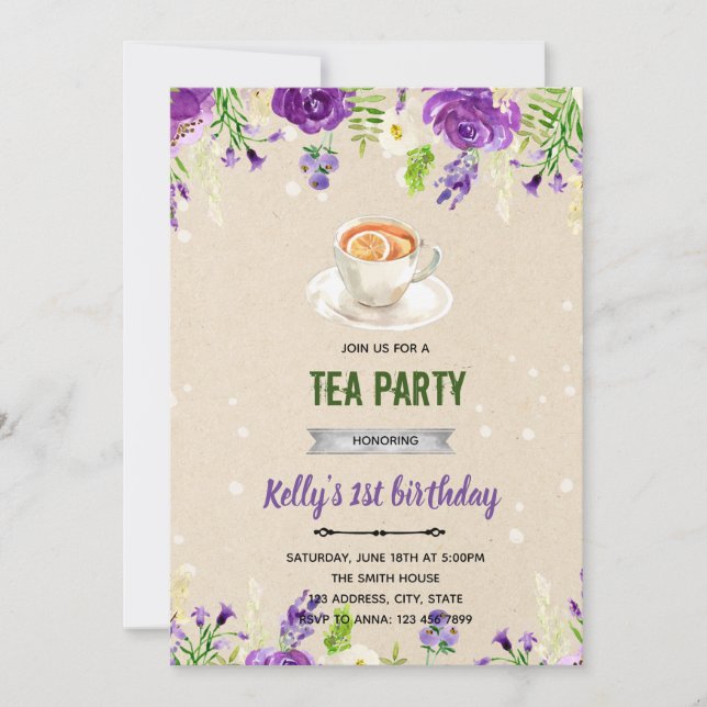 Té de flores moradas Invitación (Anverso)
