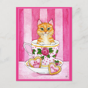 Té de gato lindo Día de San Valentín postal rosa
