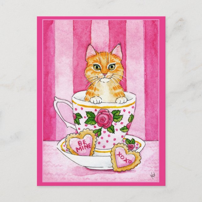 Té de gato lindo Día de San Valentín postal rosa (Anverso)