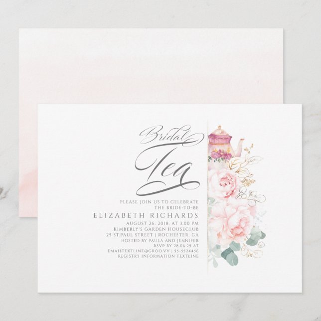 Té de novia Flores rosadas Invitación a ducha de n (Anverso / Reverso)