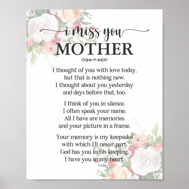 Te extraño póster de poema de madre (Frente)