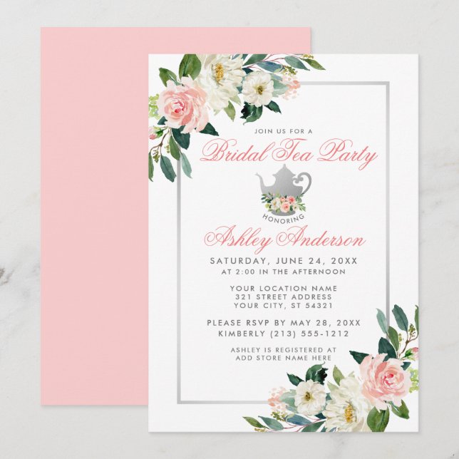 Té Fiesta de ducha de novia Invitación rosa floral (Anverso / Reverso)