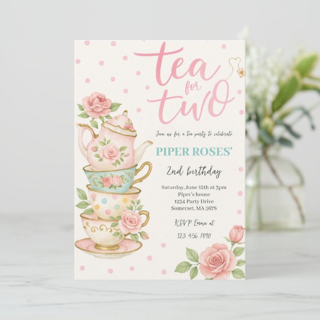 Té Floral Rosa Para Dos Invitaciones De Cumpleaños (Anverso de pie)