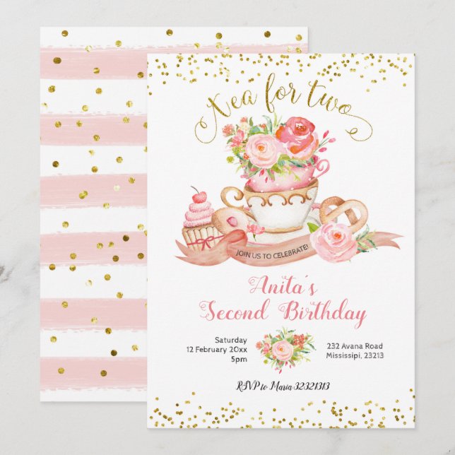 Té floral Rosa para dos invitaciones de fiesta de  (Anverso / Reverso)