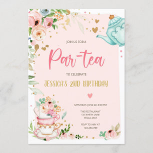 Té Invitación a cumpleaños Chica Fiesta Par-tea Fl