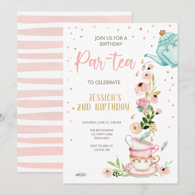 Té Invitación a cumpleaños Chica Fiesta Par-tea Fl (Anverso / Reverso)