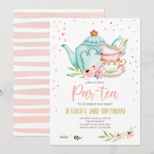 Té Invitación a cumpleaños Chica Fiesta Par-tea Fl (Anverso / Reverso)