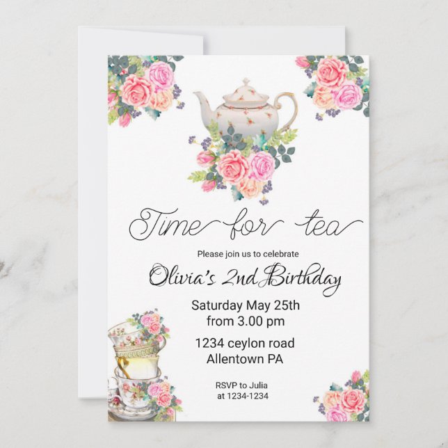 Té Invitación, té invitación de cumpleaños fiesta  (Anverso)