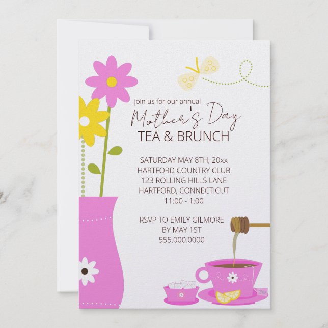 Té o Brunch invitaciones para el Día de la Madre (Anverso)