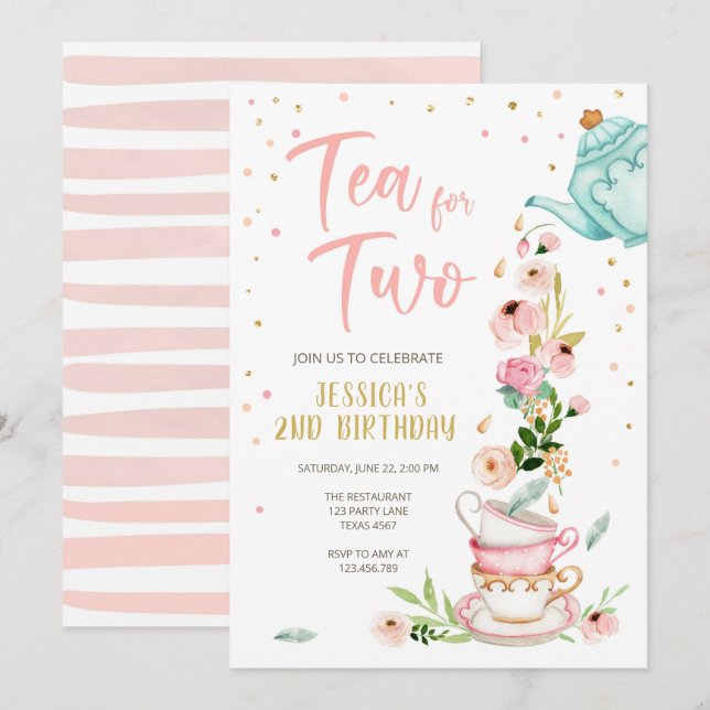 Té para dos invitaciones de cumpleaños Fiesta de t (Anverso / Reverso)