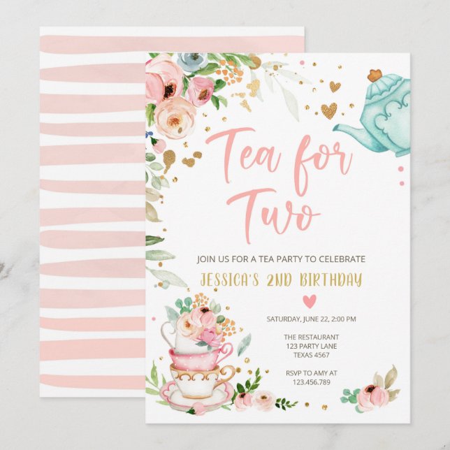 Té para dos invitaciones de cumpleaños Fiesta de t (Anverso / Reverso)