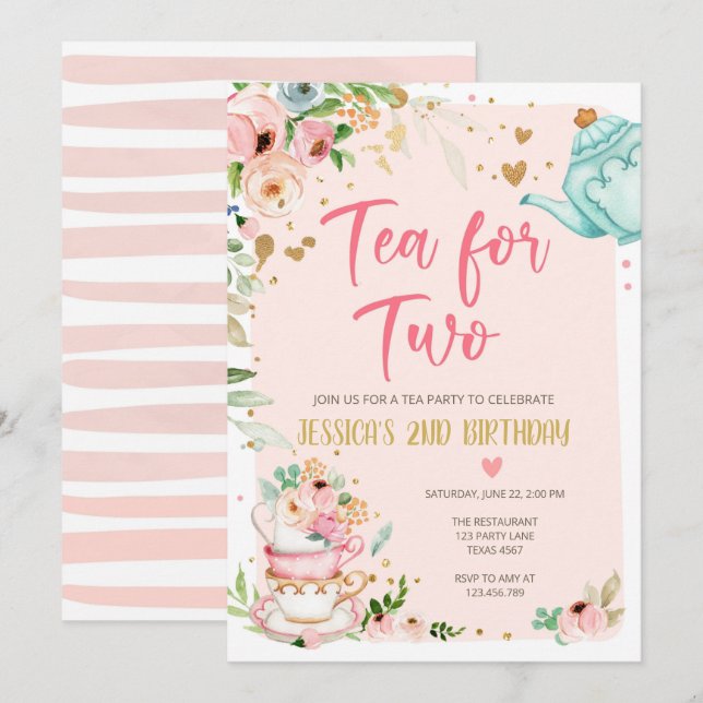 Té para dos invitaciones de cumpleaños Fiesta de t (Anverso / Reverso)