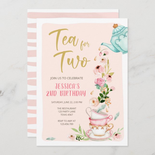 Té para dos invitaciones de cumpleaños Fiesta de t (Anverso / Reverso)