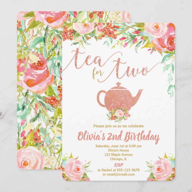 Té para dos rosas chica de la invitación de cumple (Anverso / Reverso)