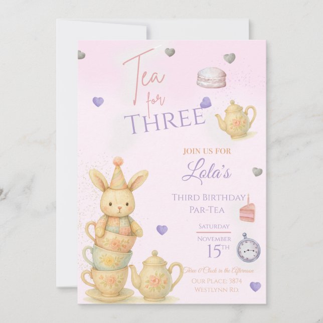 Té Para Tres Invitaciones De Fiesta De Cumpleaños, (Anverso)