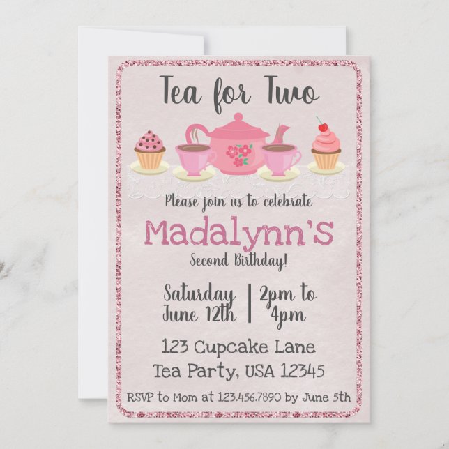 Té por dos invitaciones rosadas de cumpleaños (Anverso)