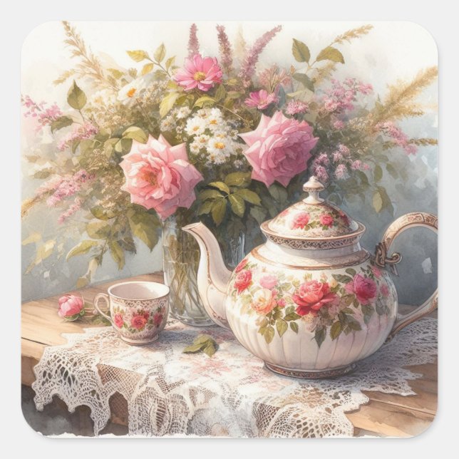 Té Pot y Copa con Pegatina de flores rosadas (Anverso)