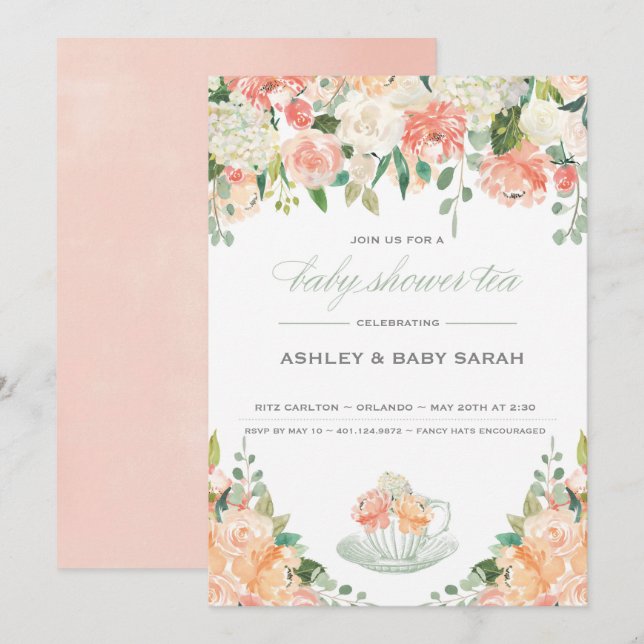 Tea Baby Shower Invitación Garden Floral (Anverso / Reverso)