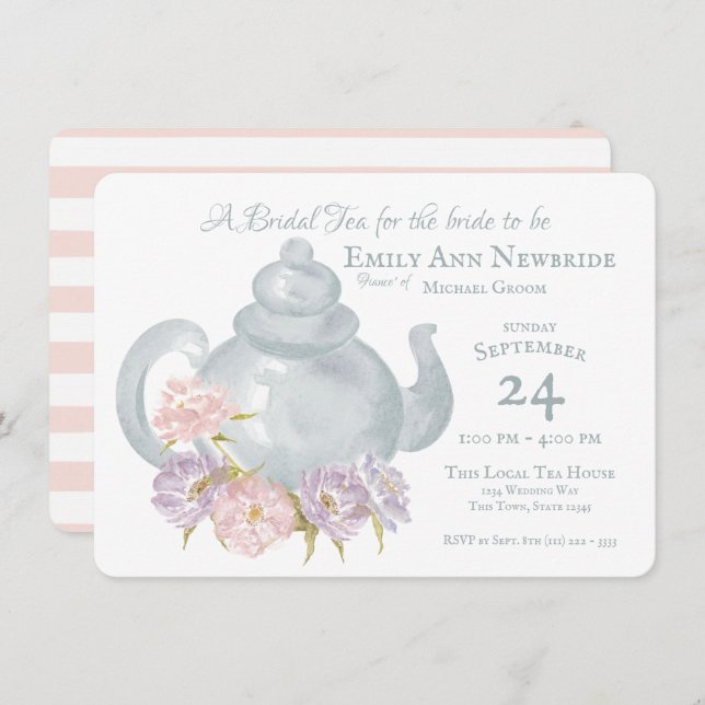Tea Fiesta Bridal Ducha Floral Tea pot Invitación (Anverso / Reverso)