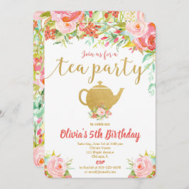 Tea fiesta invitación de cumpleaños chica oro flor