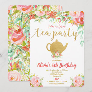 Tea fiesta invitación de cumpleaños chica oro flor